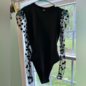 SHEIN Black Bodysuit with Polka Dot Mesh Sleeves